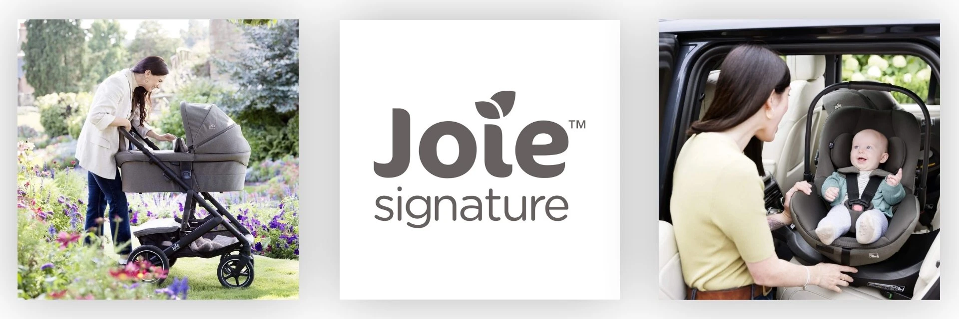 Joie Signature prémium babakocsi és autósülés elegáns designnal és maximális kényelemmel. A képen egy anya babakocsit tol egy virágos kertben, valamint egy mosolygó kisbaba látható a Joie Signature autósülésben. Minőségi és biztonságos baba termékek a Joie Signature kollekcióból.
